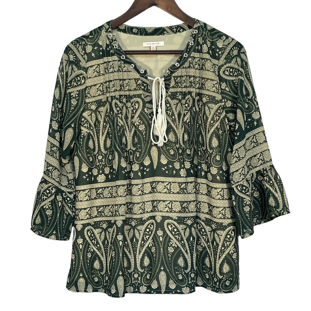 Skies Are Blue Womens Green Paisley Bell Sleeve Peasant Blouse Tassel Tie M